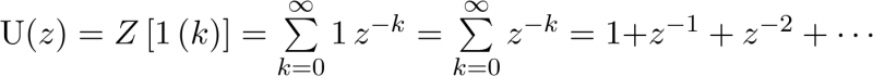 $U\left( z \right) = Z\left[ {1\left( k \right)} \right] = \sum\limits_{k = 0}^\infty  {1\,{z^{ - k}}}  = \sum\limits_{k = 0}^\infty  {{z^{ - k}} = 1 + } {z^{ - 1}} + {z^{ - 2}} +  \cdots $