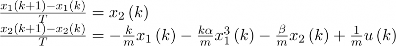 $\begin{array}{*{20}{c}}    {\frac{{{x_1}\left( {k + 1} \right) - {x_1}\left( k \right)}}{T} = {x_2}\left( k \right)} \hfill  \\    {\frac{{{x_2}\left( {k + 1} \right) - {x_2}\left( k \right)}}{T} =  - \frac{k}{m}{x_1}\left( k \right) - \frac{{k\alpha }}{m}x_1^3\left( k \right) - \frac{\beta }{m}{x_2}\left( k \right) + \frac{1}{m}u\left( k \right)} \hfill  \\ \end{array}$