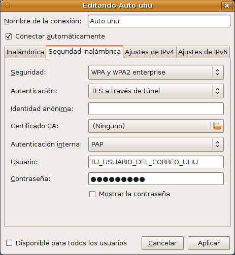 Pantallazo Network-manager Gnome para la red wifi de la UHU